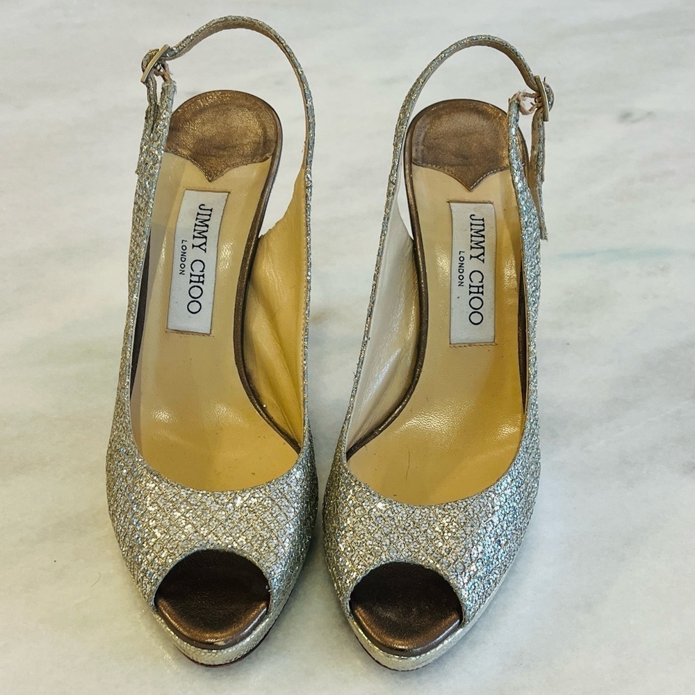 Jimmy Choo 38.5 8.5 Nova Champagne Glitter Gold Silver Peep Toe Sling Back Heels - Picture 3 of 12